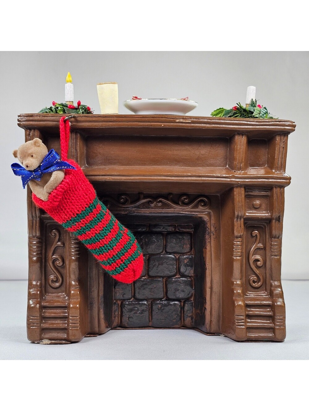 Vintage Clothique Christmas Fireplace Mantel Figurine Stocking  Cookies 7.5"